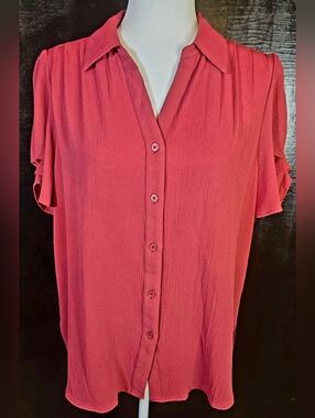NWT Adrianna Papell Puff  Sleeve Button-Up Crepe Top Rose